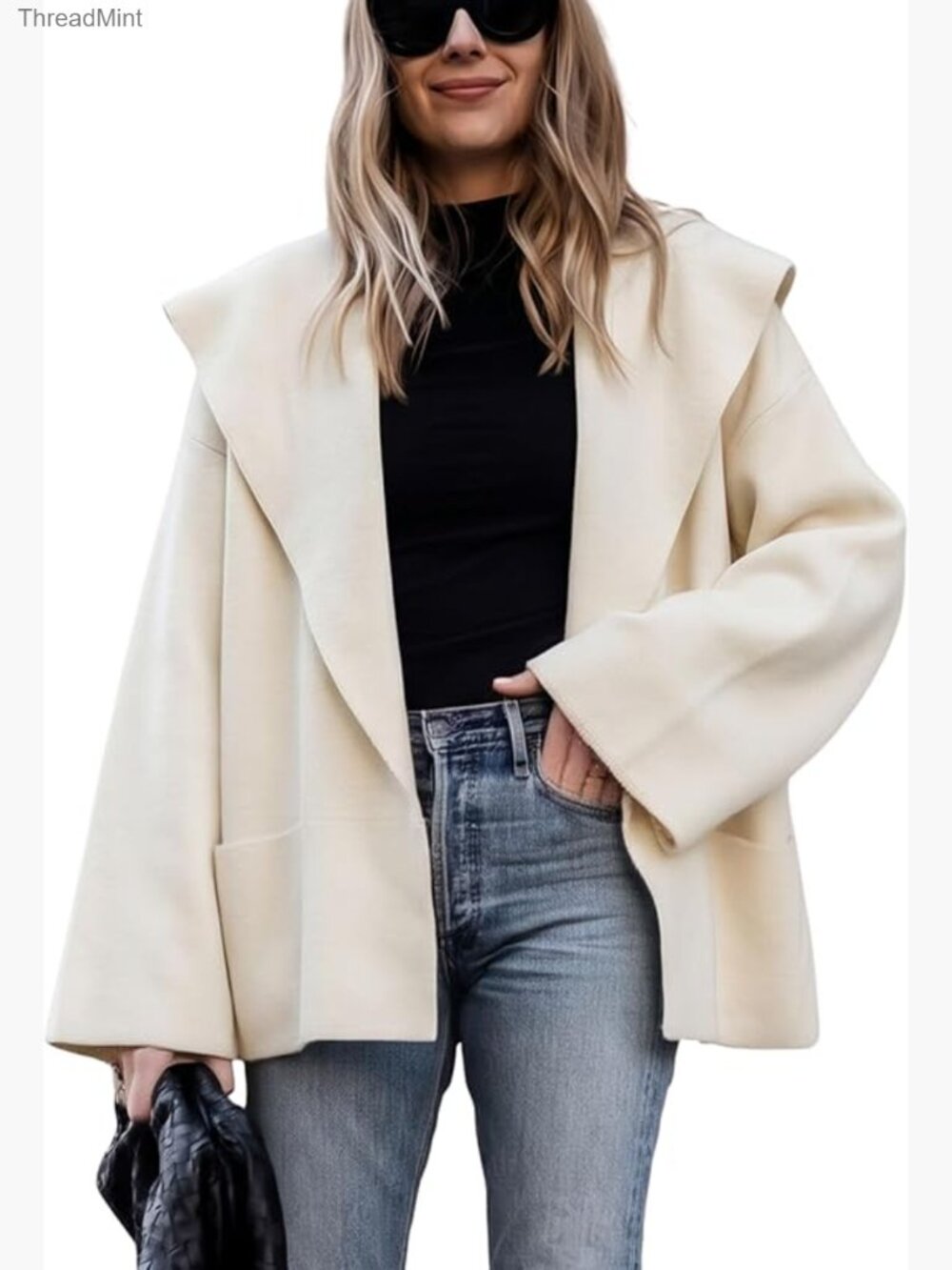 Oversized Cropped Shawl Collar Cardigan Open Front Knit Sweater